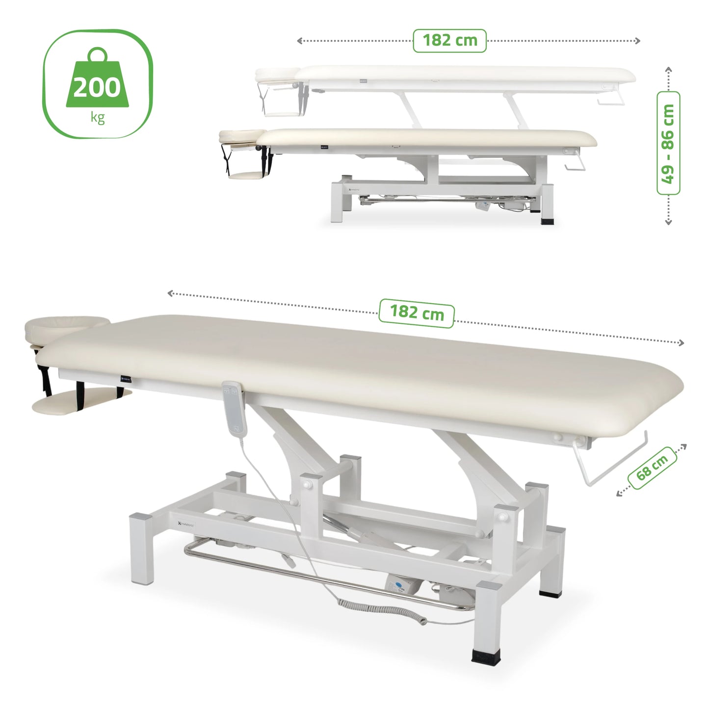 Fortis 1 treatment table, electric adjustment, hand remote control, foot control bar, headrest, arm shelf  k707 ivory