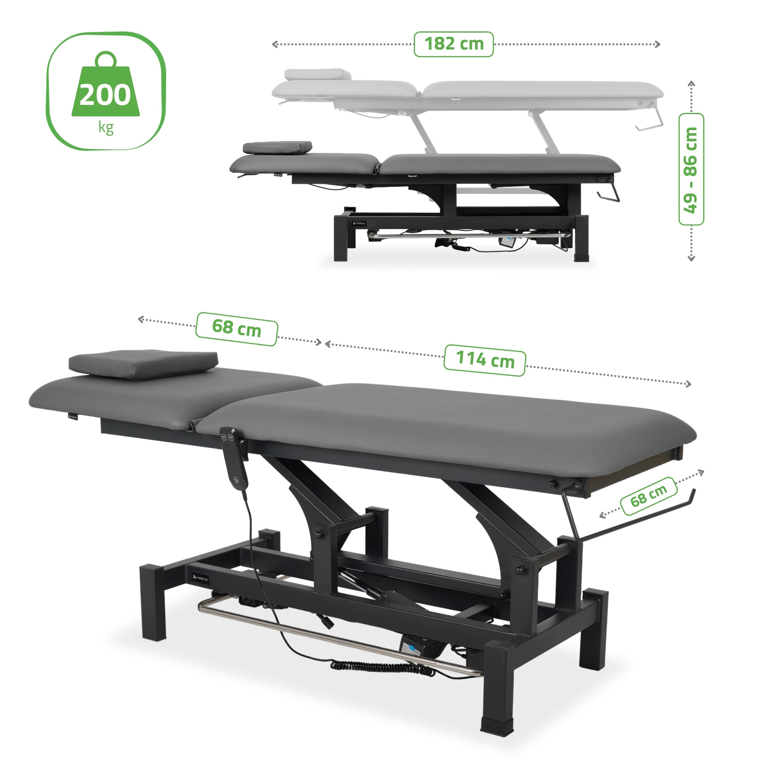 Fortis 2 treatment table, electric adjustment, foot control bar, hand remote control, head cushion, k722 gray