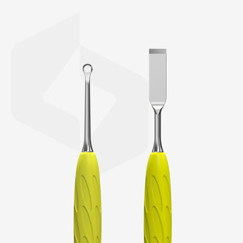 STALEKS Manicure pusher Gummy UNIQ 11 TYPE 1 kutikulapusher keltaisella silikoninkahvalla (viistetty ja silmukkapusher)