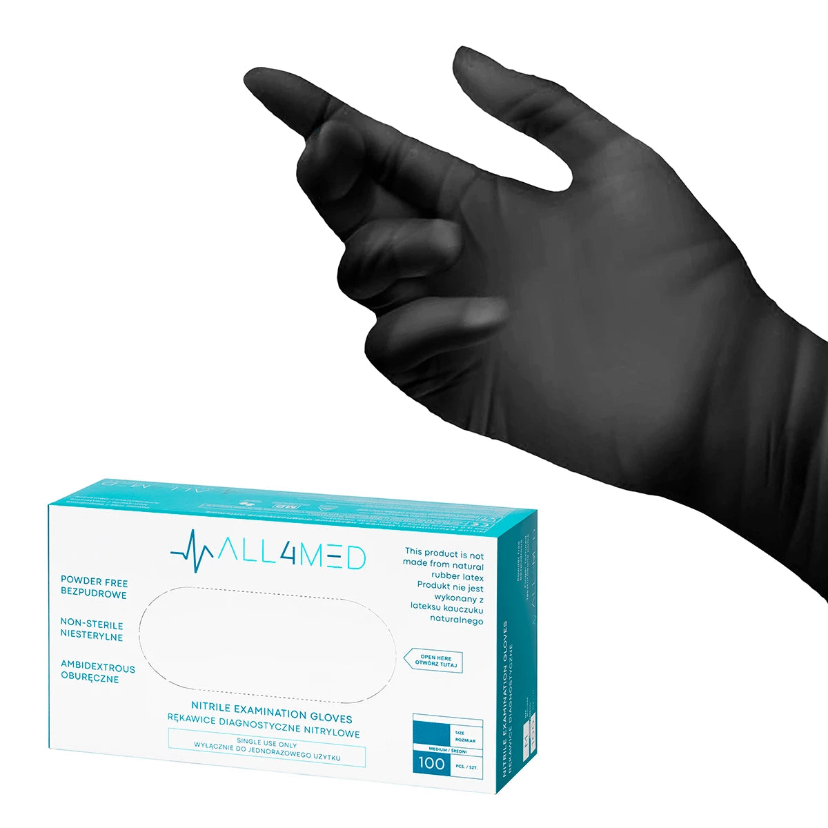 All4med kertakäyttöiset nitriilikäsineet, mustat, M, 10 x 100 kpl